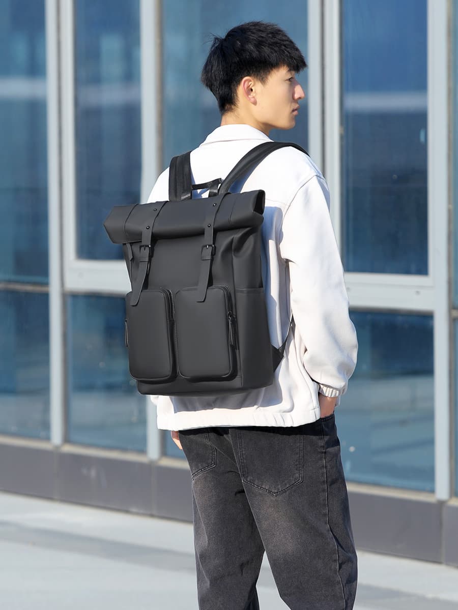 Street style foldable roll-top backpack, large capacity, high-end casual travel backpack for men.