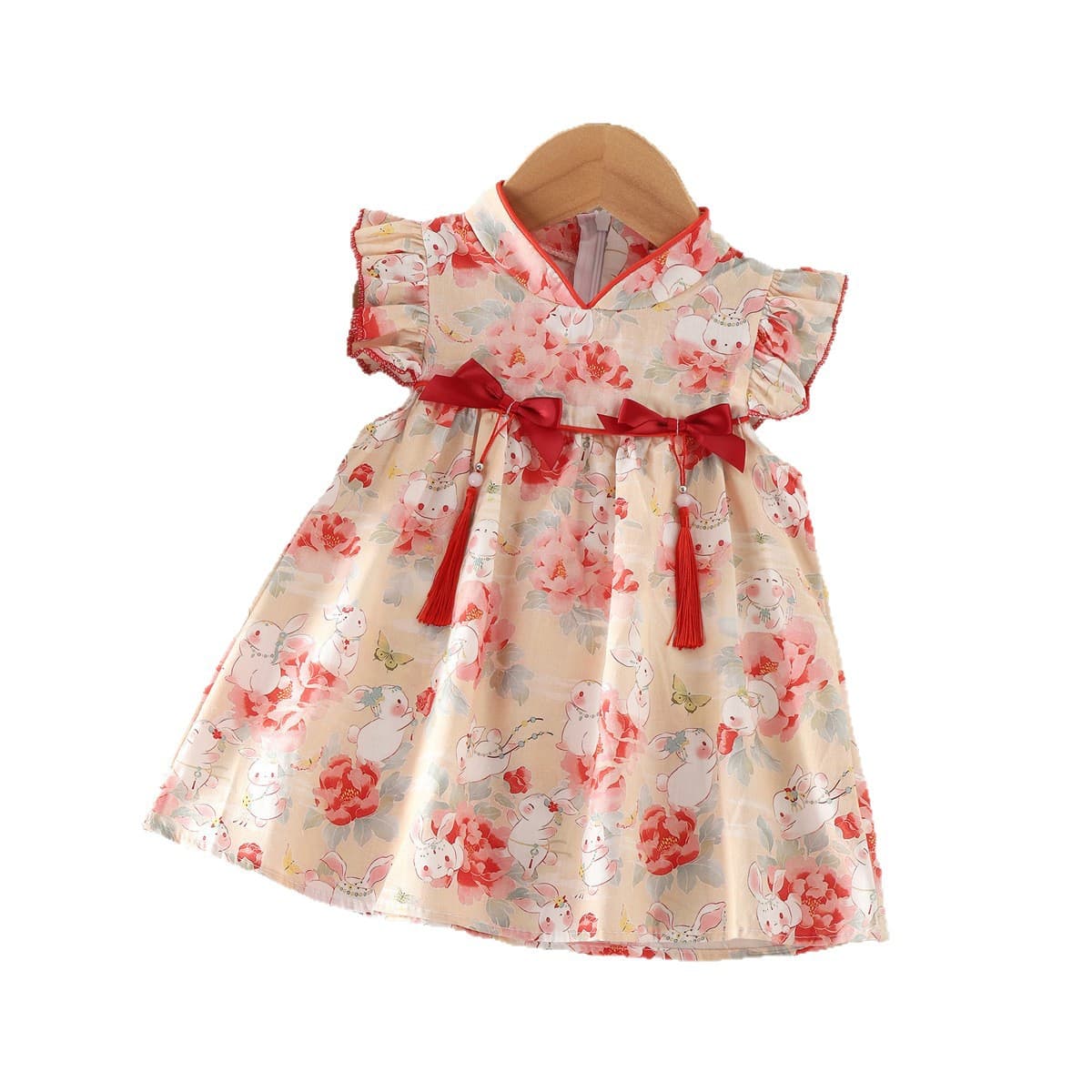 New summer dress for baby girls, cartoon bunny and flower print, Chinese style cheongsam princess dress, cross-border e-commerce.