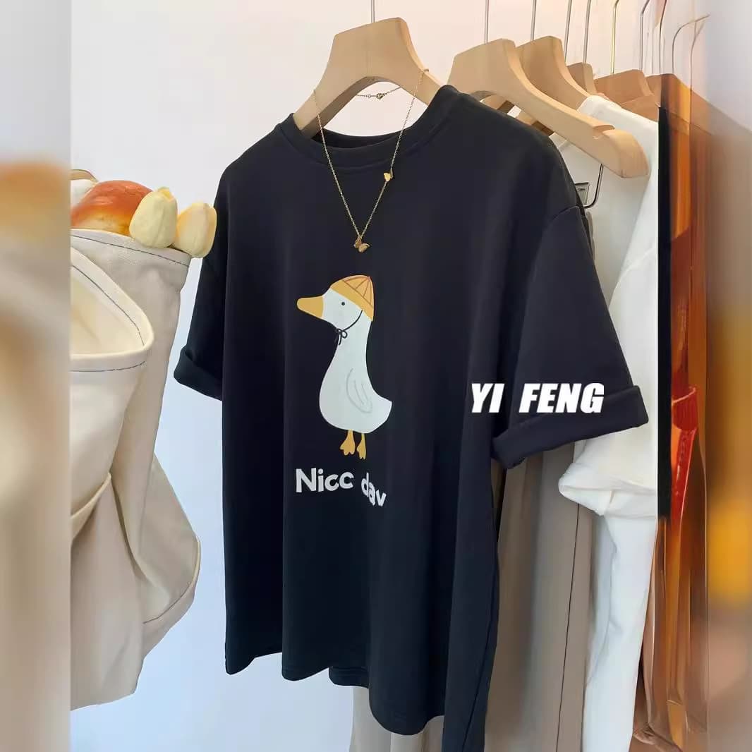 Ultra-Soft Modal ~ Removed Tag White Cartoon Duck Print Loose Versatile Short Sleeve T-Shirt Top for Women