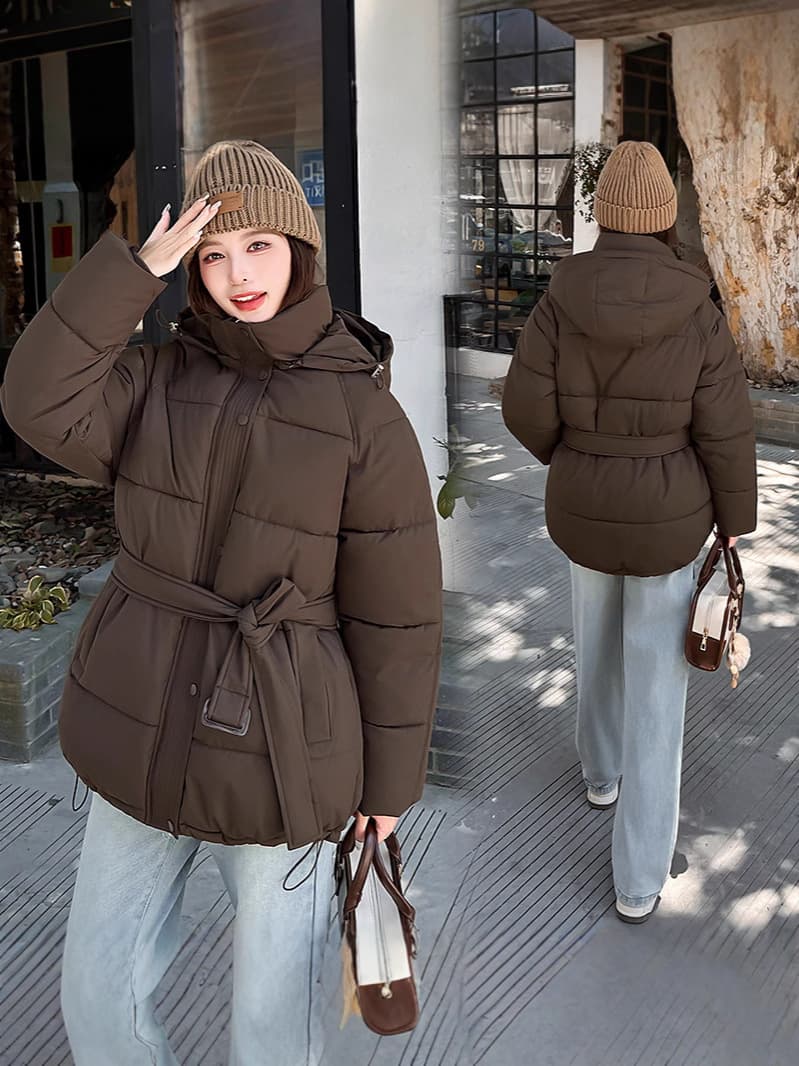 Detachable Hood Cotton Coat for Women, Mid-Length Winter New Arrival, Waist-Tightening Slim Fit with Belt, Petite Cotton Padded Jacket Outerwear Down Alternative