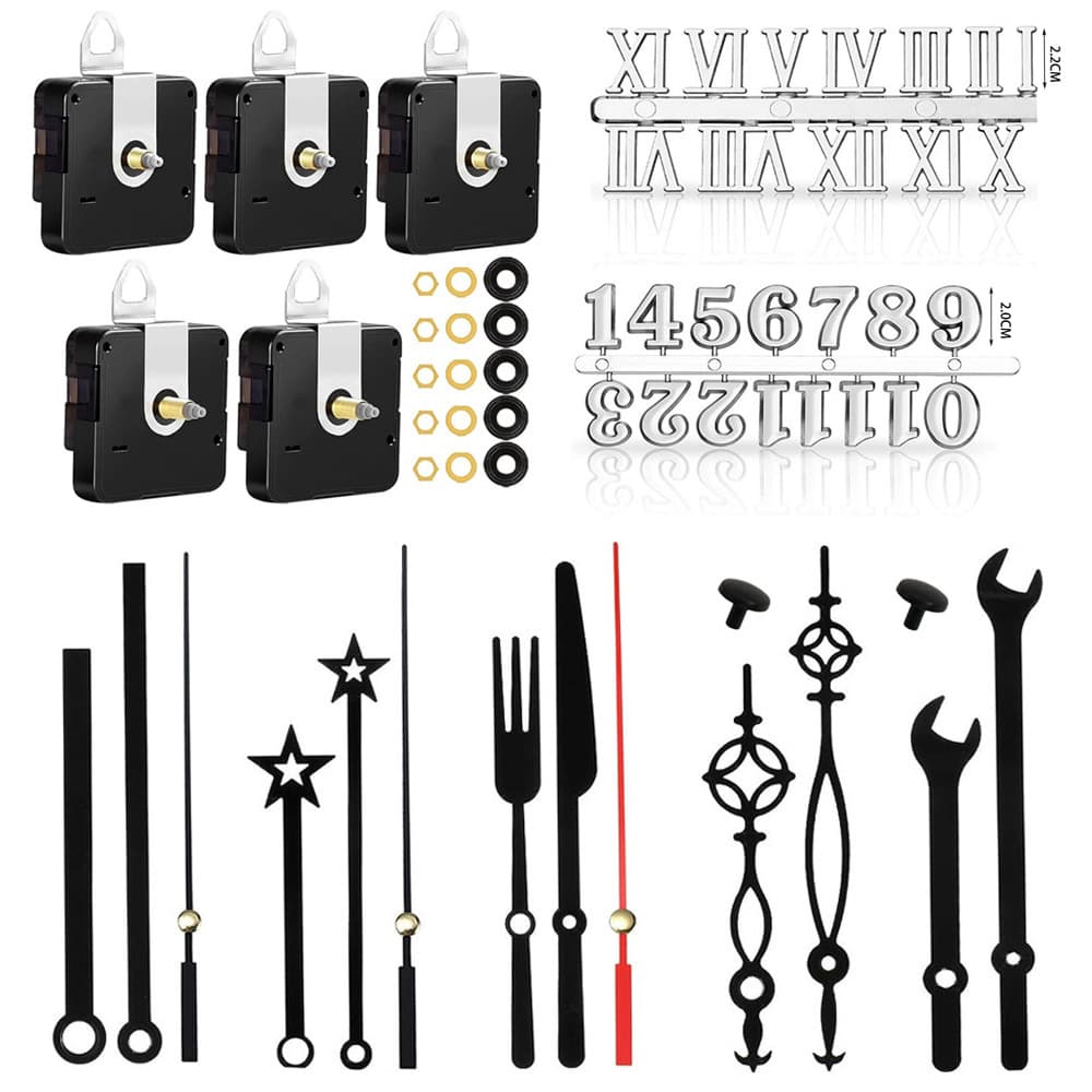DIY clock movement (5 pieces) + 5 sets of hands, metal hour, minute, and second hands, with multiple numeral displays.