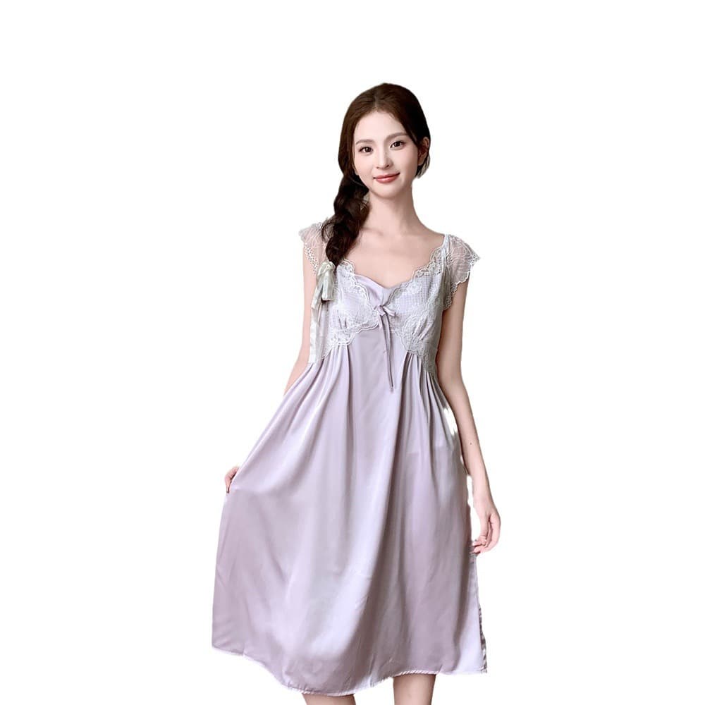 Factory Source 2024 Summer Women's Ice Silk Sleepwear Lace Tie Nightgown Drop Shipping TikTok Homewear