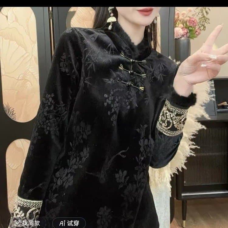 Dropshipping New Chinese Style Jacquard Fleece-Lined Base Shirt for Mothers, 2025 Autumn and Winter New Slimming Top for Women