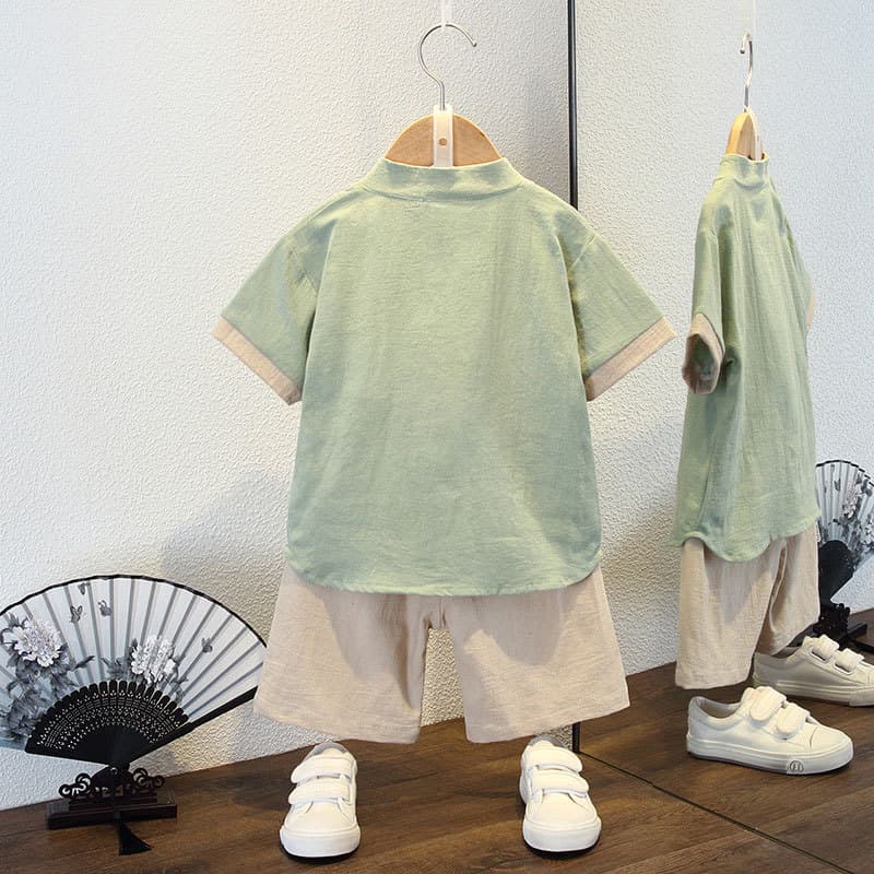 Boy's Summer Set 2025 New Handsome Children's Chinese Style Cotton Linen Summer Thin Baby Hanfu Short Sleeve Trendy