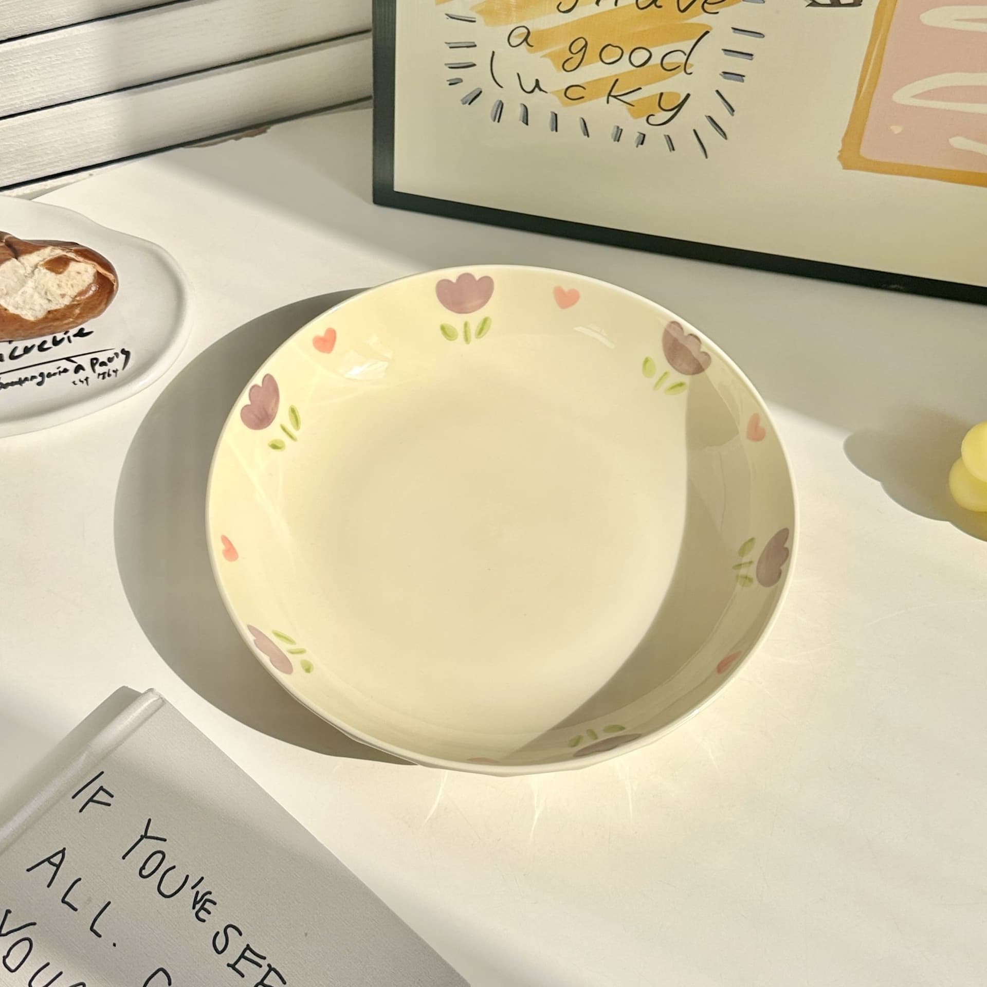 Ceramic Tableware Cream Tulip Flower Set Underglaze Color Single-Person Dining Set Rice Bowl Dormitory Instant Noodle Home Use