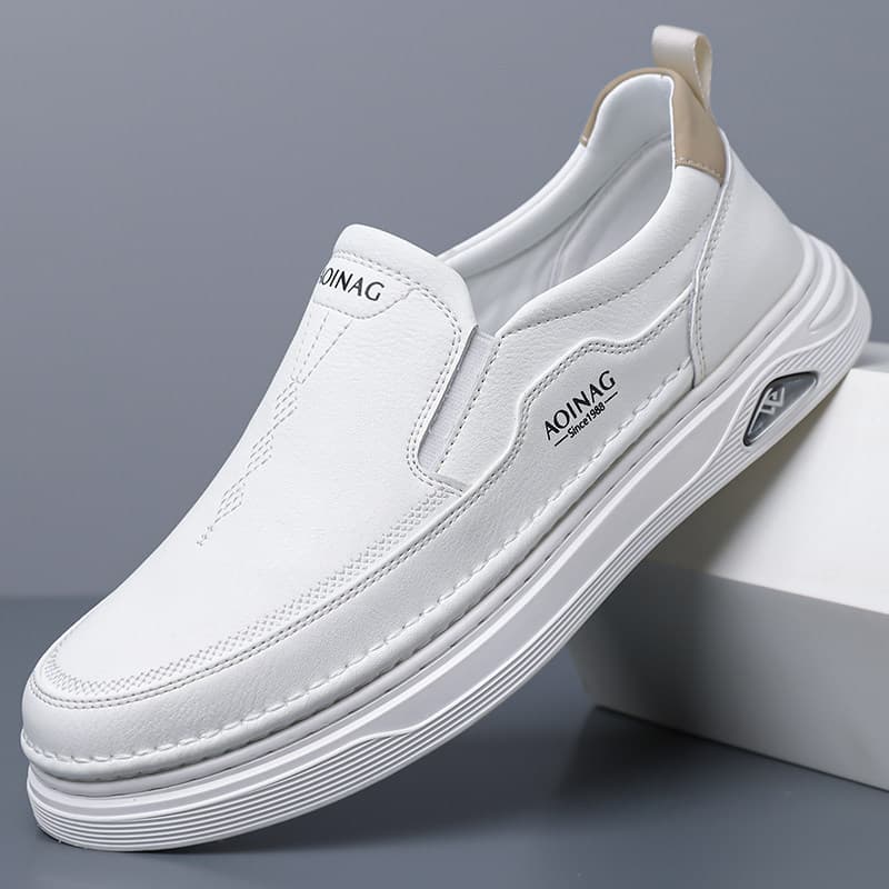 Men's 2026 New Spring Genuine Leather Breathable Casual Shoes Slip-on Soft Sole Non-slip Versatile White Loafers