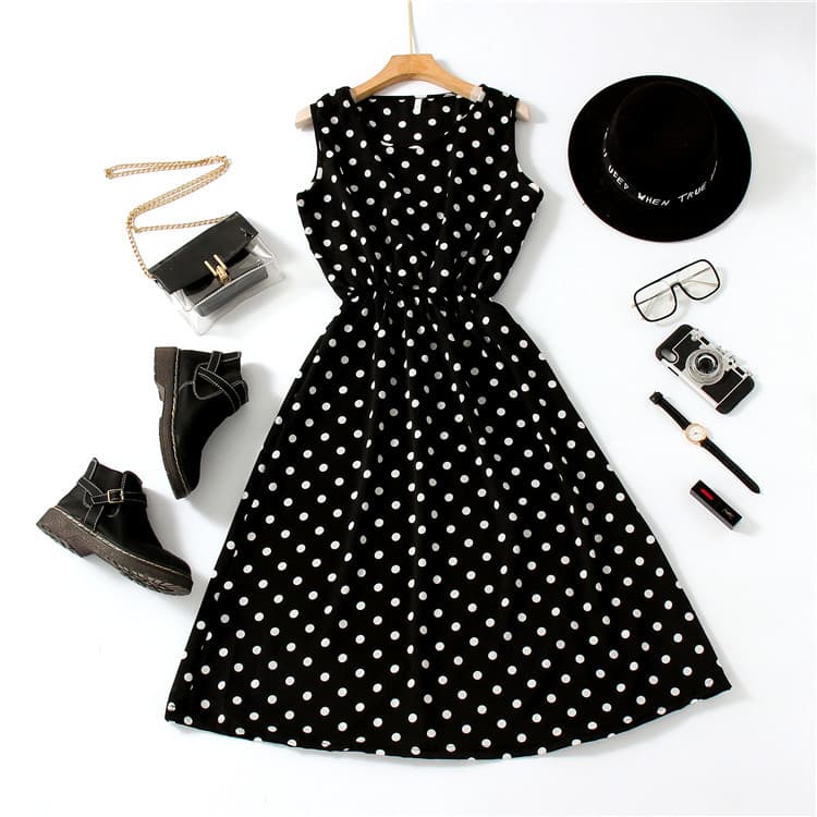 Sleeveless mid-length polka dot print sleeveless dress for middle-aged and elderly women, slimming and flattering, plus size women's clothing