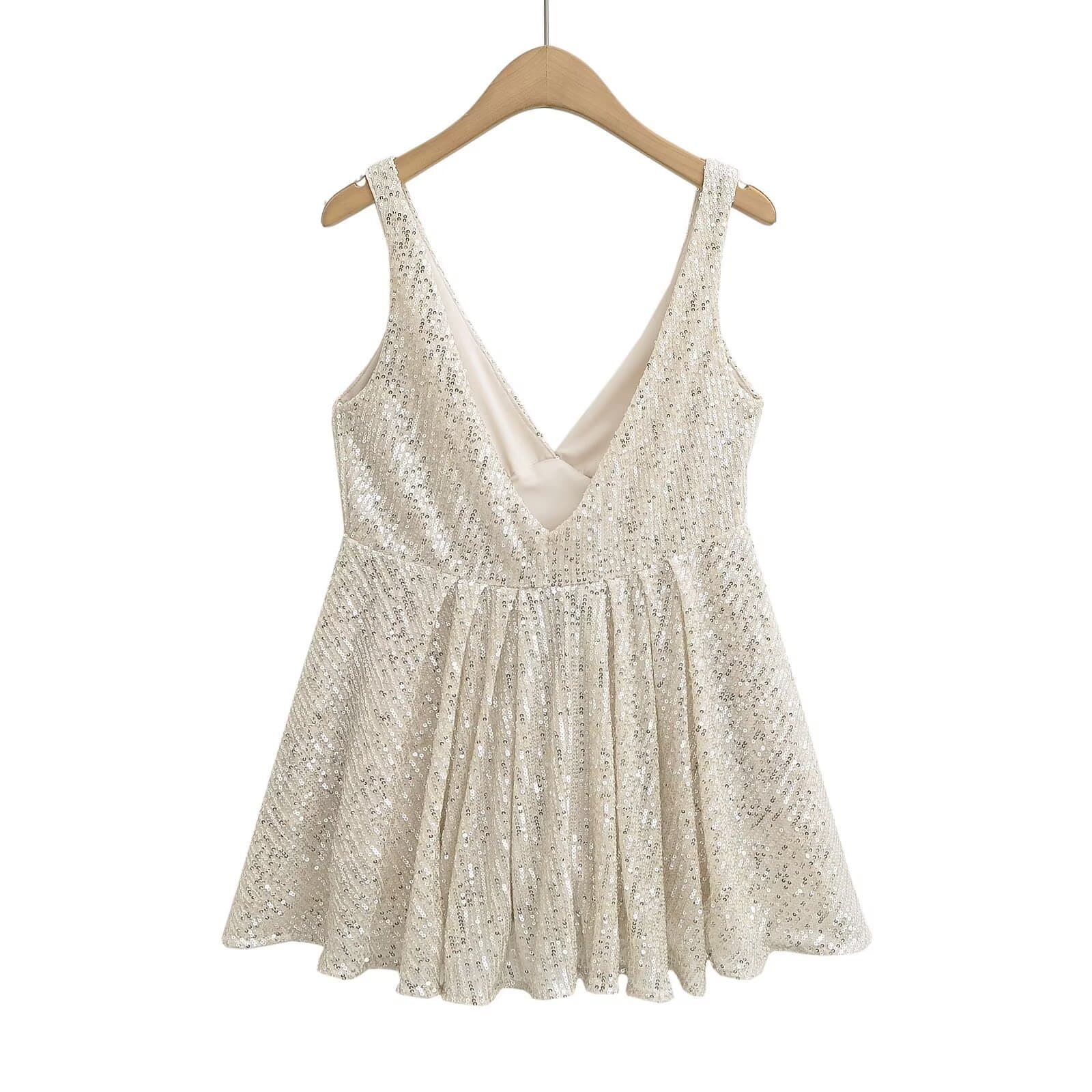 French Deep V-Neck Sequin Top for Women, Vintage Chic Atmosphere 2025 Summer Pure and Sexy Camisole Vest