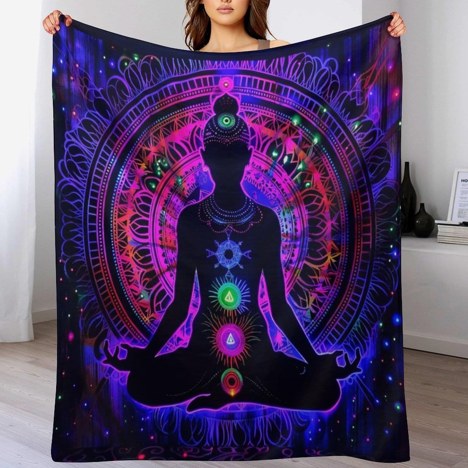 Rainbow Blanket with Colorful Tassels, Chakra Print, Flannel Meditation Decorative Blanket, Cross-Border Hot-Selling, Direct Supply from the Manufacturer