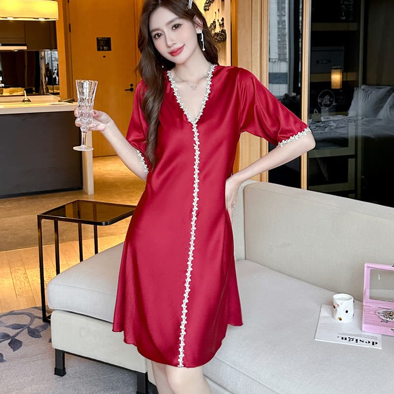 Factory Direct Ice Silk Summer New V-Nightgown High-End Short Sleeve Dress Sexy Cool Sweet Loungewear