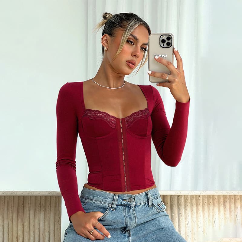 YL25270PFO New Fitted Top, Fall Lace Trim Slim Fit Solid Long Sleeve T-Shirt