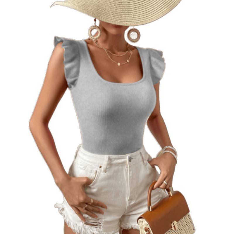 European and American style ruffled elegant slim fit T-shirt for spring and summer, new knitted ribbed fabric.