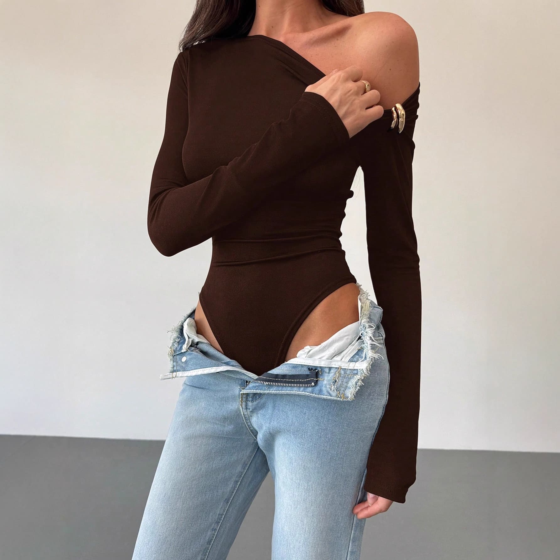 Cross-Border Foreign Trade Women's Solid Color Stylish One-Shoulder Neckline Slim-Fit Waist-Cinching Long-Sleeve Jumpsuit