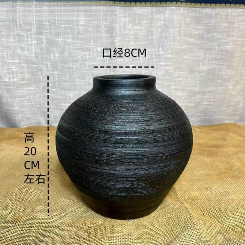 Handmade rough pottery jar, retro ceramic vase, Chinese style dried flower arrangement decoration, succulent large flower pot, living room ornament.