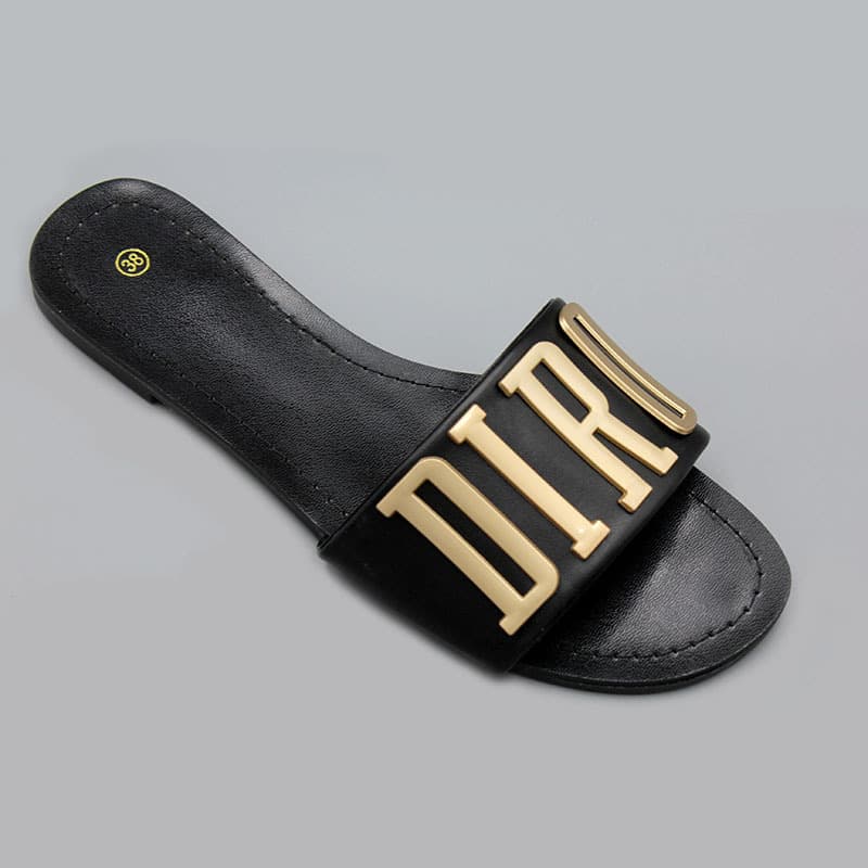Flat Slippers Women Summer 2024 New Open Toe Metal Letter Ladies Slipper