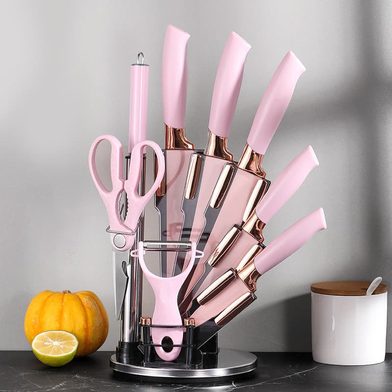 Stainless Steel Electroplated Head Knife Set with Rotating Stand 9-Piece Kitchen Knife Gift Set