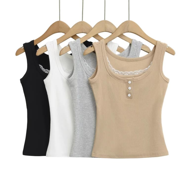 2025 Summer New Women's Lace Trim Faux Two-Piece Tank Top, Slim Fit, Sexy Short Base Layer Top