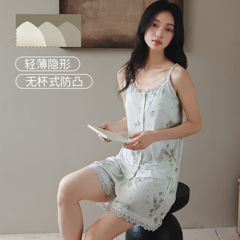 Ice Silk Ribbed Pure Desire Style Vest with Padded Bra Sleepwear Women's Camisole and Shorts Simple Casual Vest Homewear Set