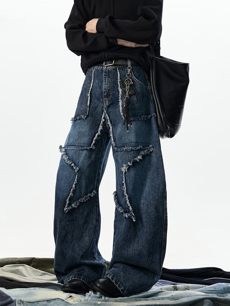 Original design patchwork jeans for men, autumn style, frayed edges, five-pointed star wide-leg pants, American street style curved blade trousers.