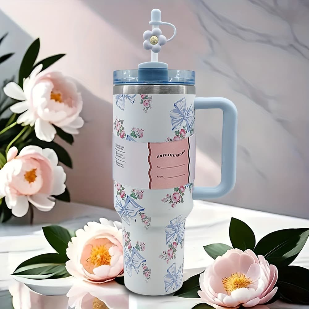 Cross-border 40oz Car Cup Bloom Series Double-layer Handle Ice Tumbler 304 Stainless Steel Insulated Cup