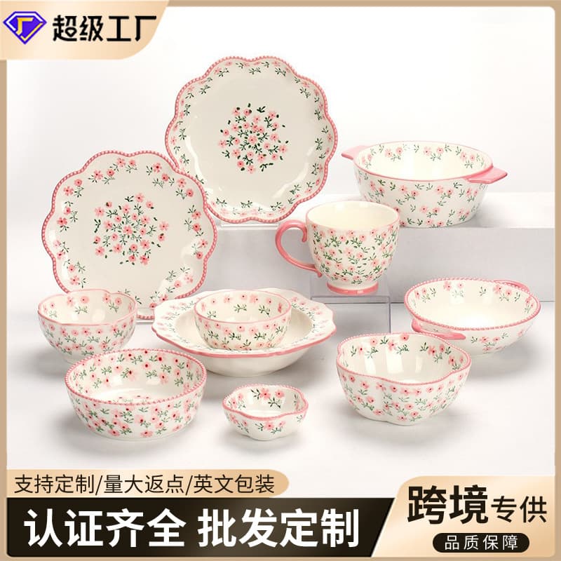 Cute Small Floral Ceramic Tableware High Appearance Home Bowl Set Underglaze Deep Plate Soup Noodle Bowl Flower Shape Rice Bowl