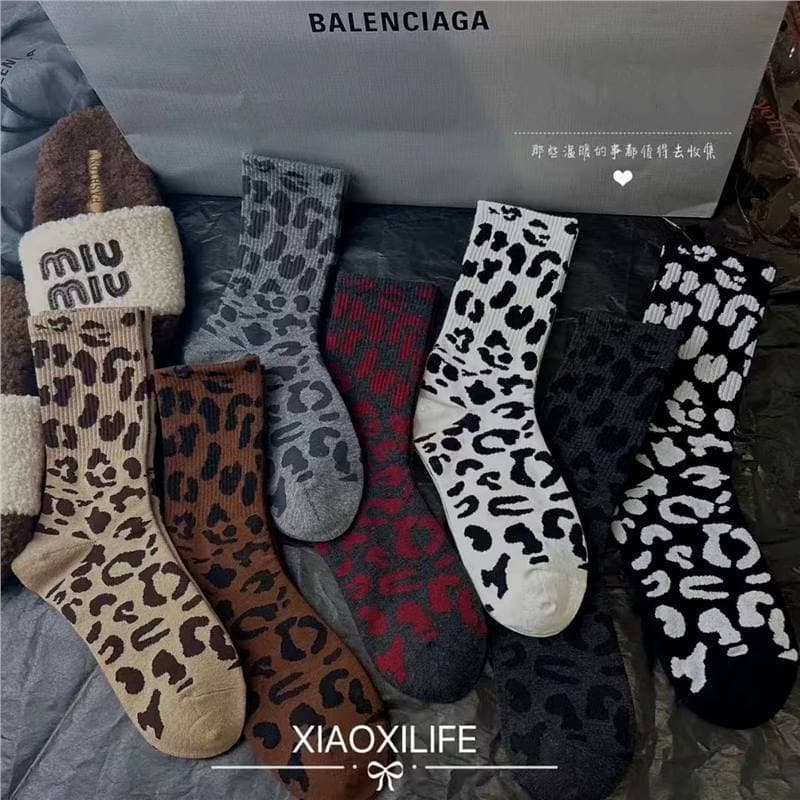 Korean Dongdaemun Leopard Print Mid-Calf Socks Fashion Trendy High Waist Slimming