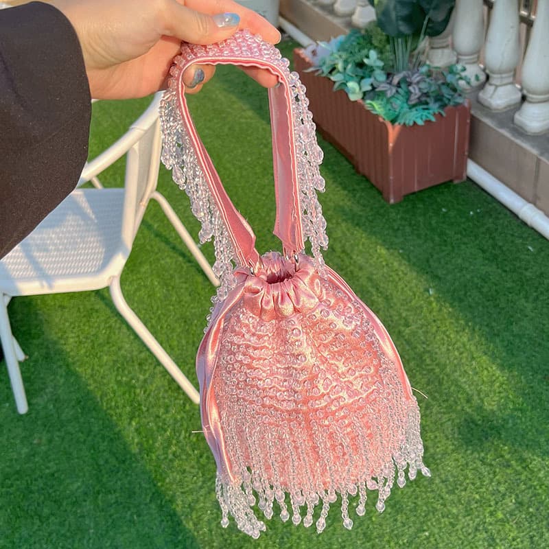 Handmade Beaded Crystal Tassel Satin Drawstring Handbag Sweet Fairy Elegant Shoulder Bag Yuanbao Bag