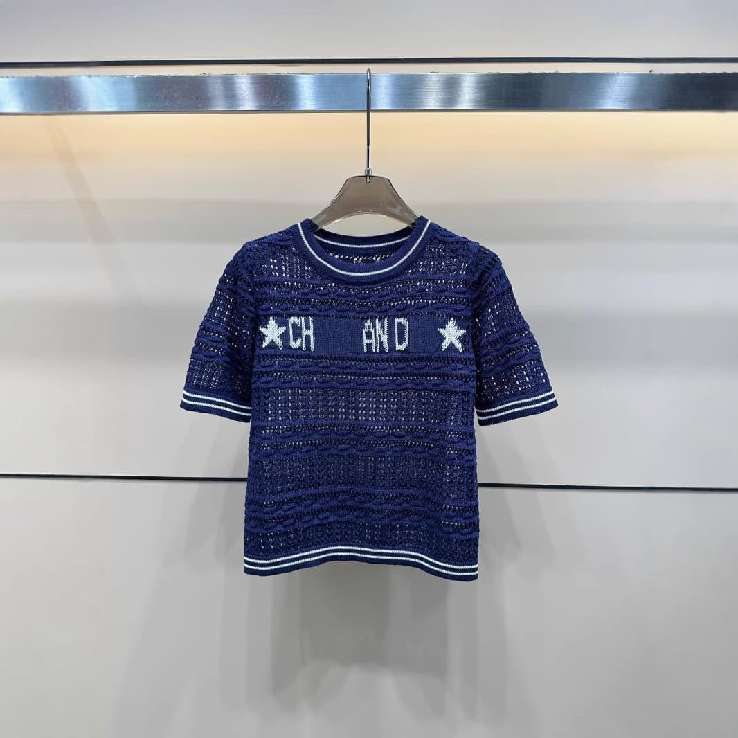 2025 Summer New Style Dior Jacquard Letter Craft Knitted Short-Sleeved Round Neck Pullover Hollow-Out Loose Women's Top