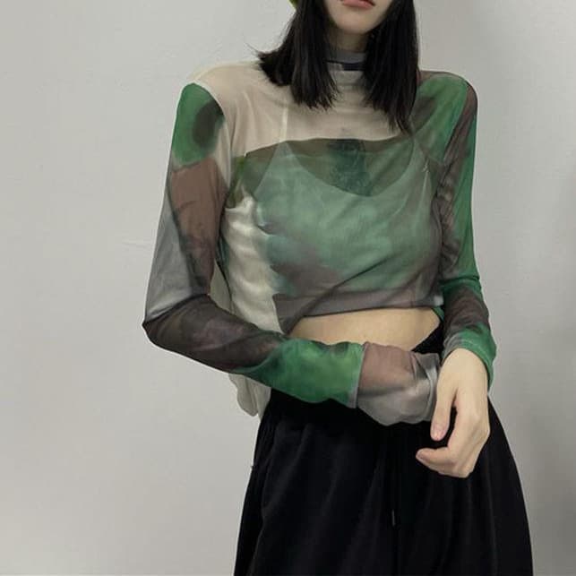 2024 Summer New Design Tie-dye Base Layer Long Sleeve T-shirt Loose Thin Sun Protection Mesh Unique Top Women