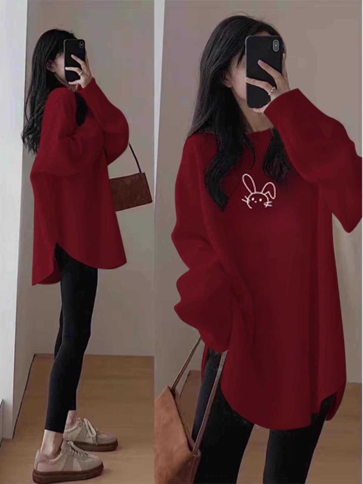 New Year Red German Fleece Slit Base Layer Top Women's Mid-Length Loose German Fleece Thick Long-Sleeved T-Shirt Top Winter