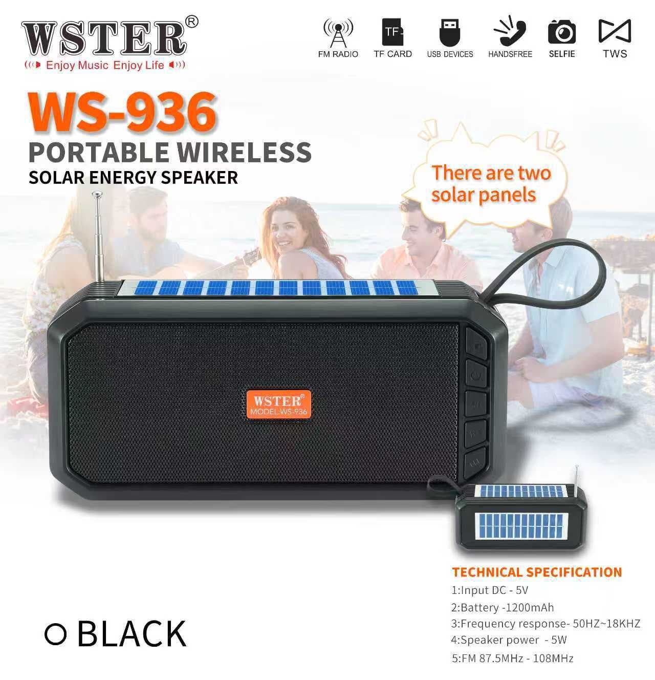 Cross-Border Hot-Selling Product Wster Wireless Bluetooth Speaker with Card Slot and Solar Power, Foreign Trade Ws-936 Outdoor Speaker