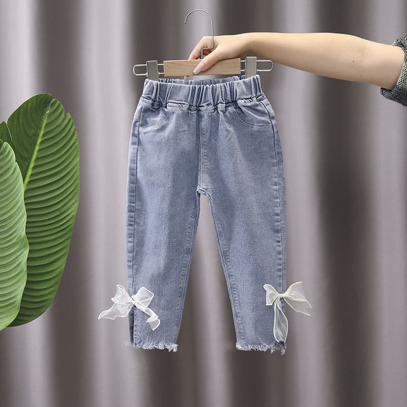 Girls Korean Style Flared Denim Pants with Split Hem and Stretch, Spring and Autumn