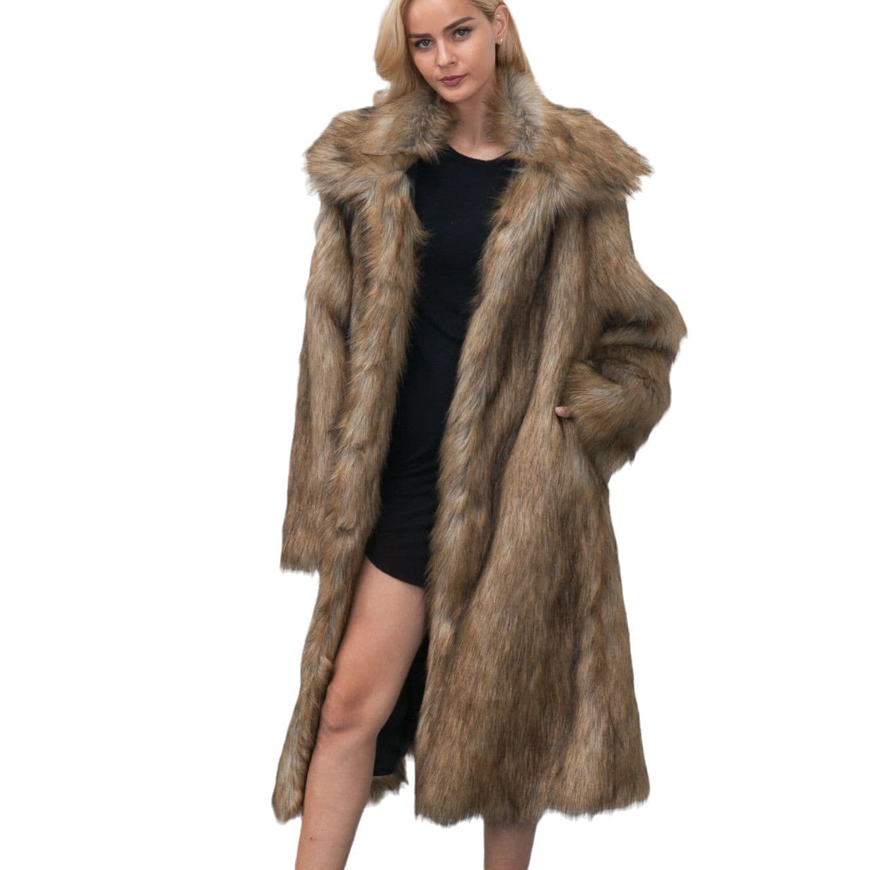 European and American cross-border new autumn and winter women's fashion square neck long faux fur coat women's long coat coat