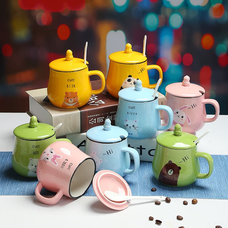 Ceramic Cup Household Water Cup Milk Breakfast Cup Men and Women Drinking Tea Cup Mug with Lid and Spoon Couple Coffee Cup