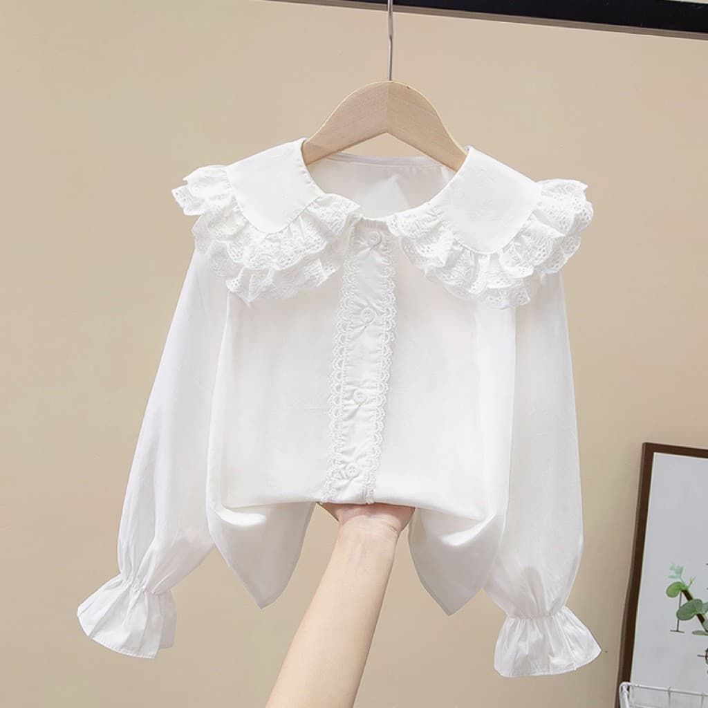 Girls' Long-Sleeve Shirt with Beading, Pure Cotton, White Collared Top, Academy Style, for Older Children, Rhinestone Embellished Shirt, Export