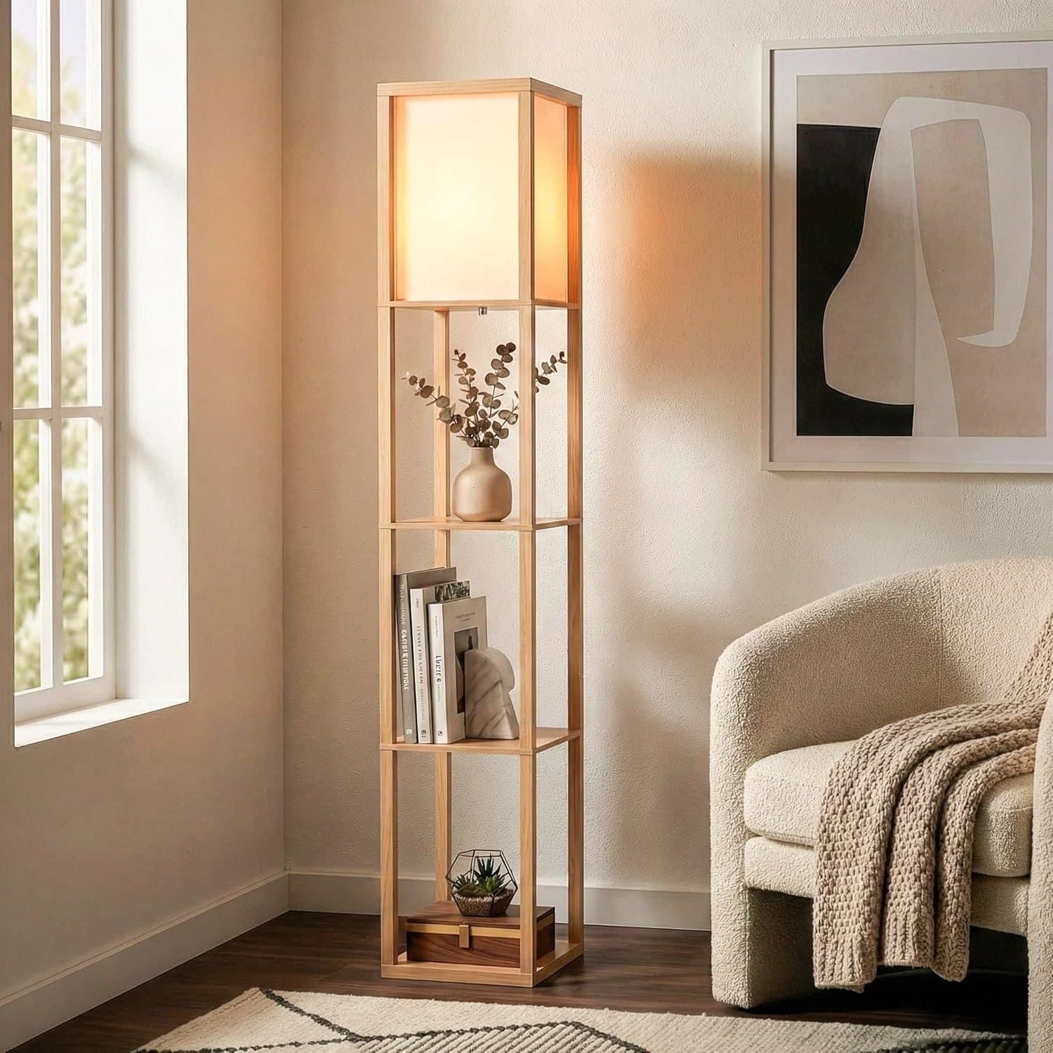 Modern Shelf Floor Lamp with Shade, Display Rack Bookshelf Lamp Cabinet Cross-Border