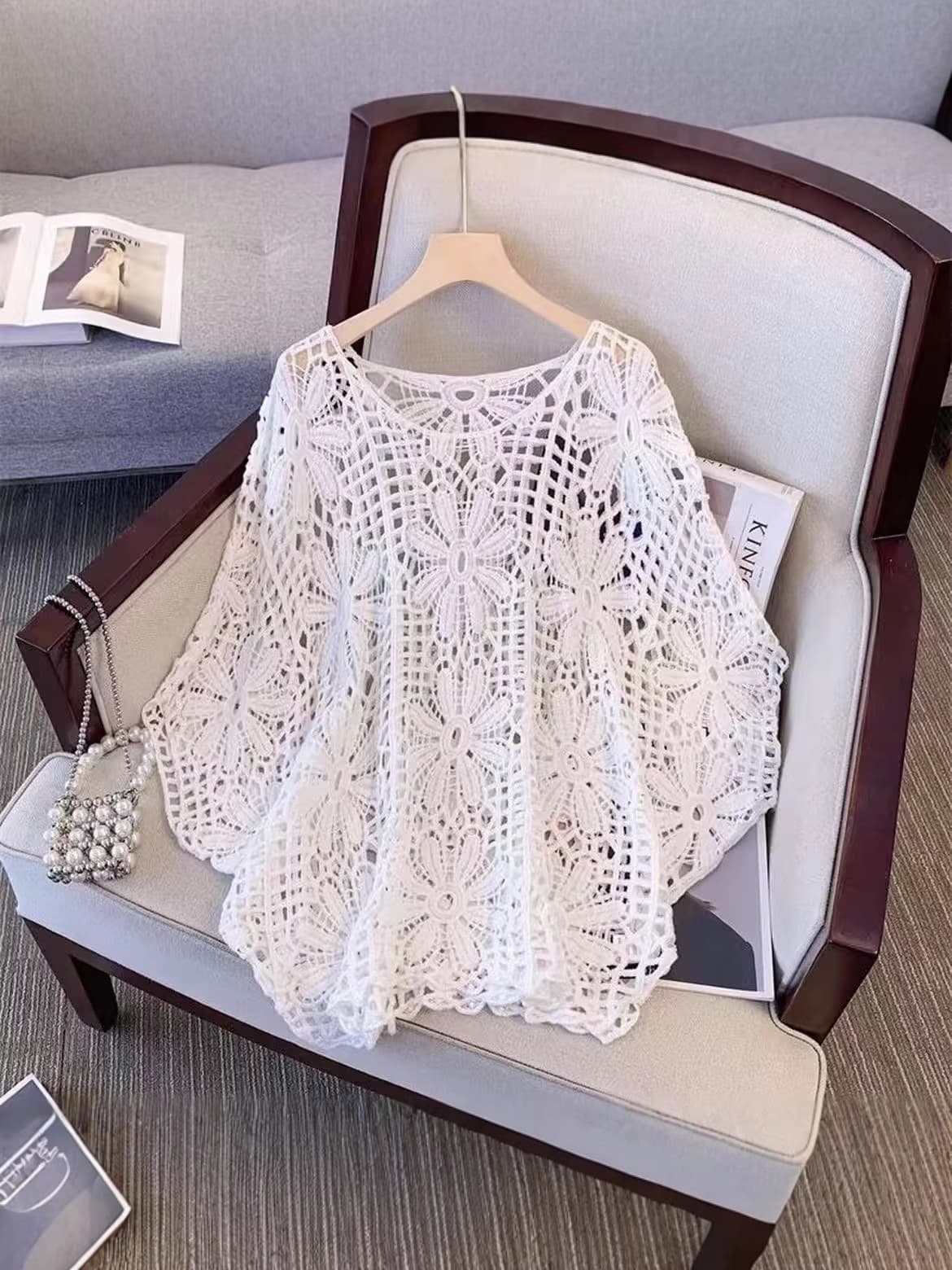 Lace Crochet Hollow-Out Sun-Protective Knit Top for Summer, Paired with a Stylish Camisole Air-Conditioning Cover-Up