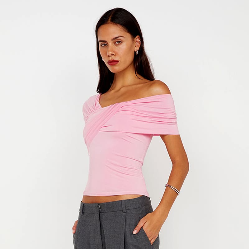 European and American cross-border women's clothing spring/summer new Amazon solid color one-shoulder asymmetrical neck ruched simple sexy T-shirt top