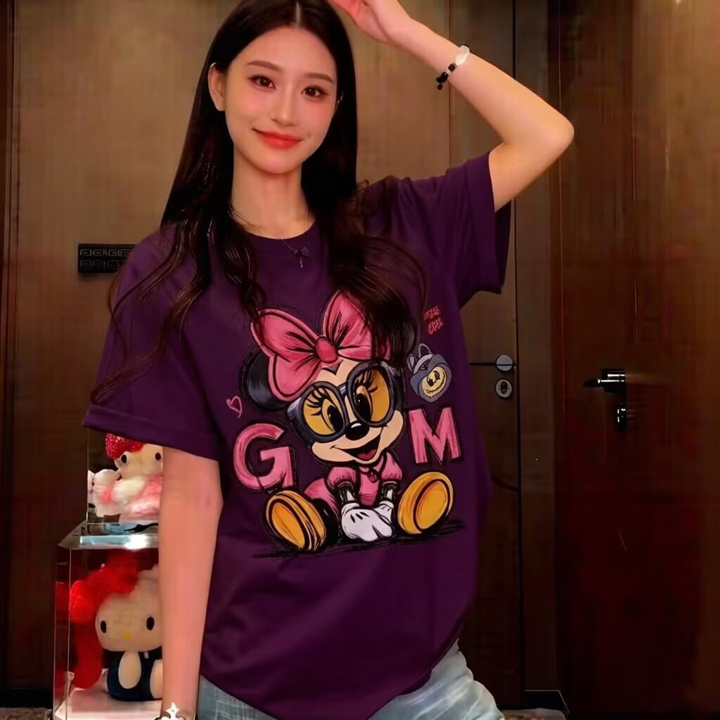 Women's 2026 Summer New Style Cotton Short-Sleeve T-Shirt with Mickey Mouse Print, Casual, Versatile, Loose Fit Top for Plus Sizes
