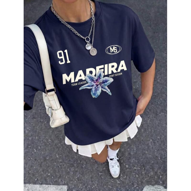 EU Size Cotton Navy Blue Lily Flower & 91 Letter Print Loose T-Shirt