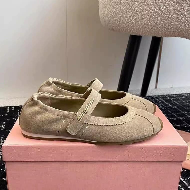 Miu* Strap Velcro Ballet Flats Genuine Leather Mary Jane Heel Flat Half Slippers Women