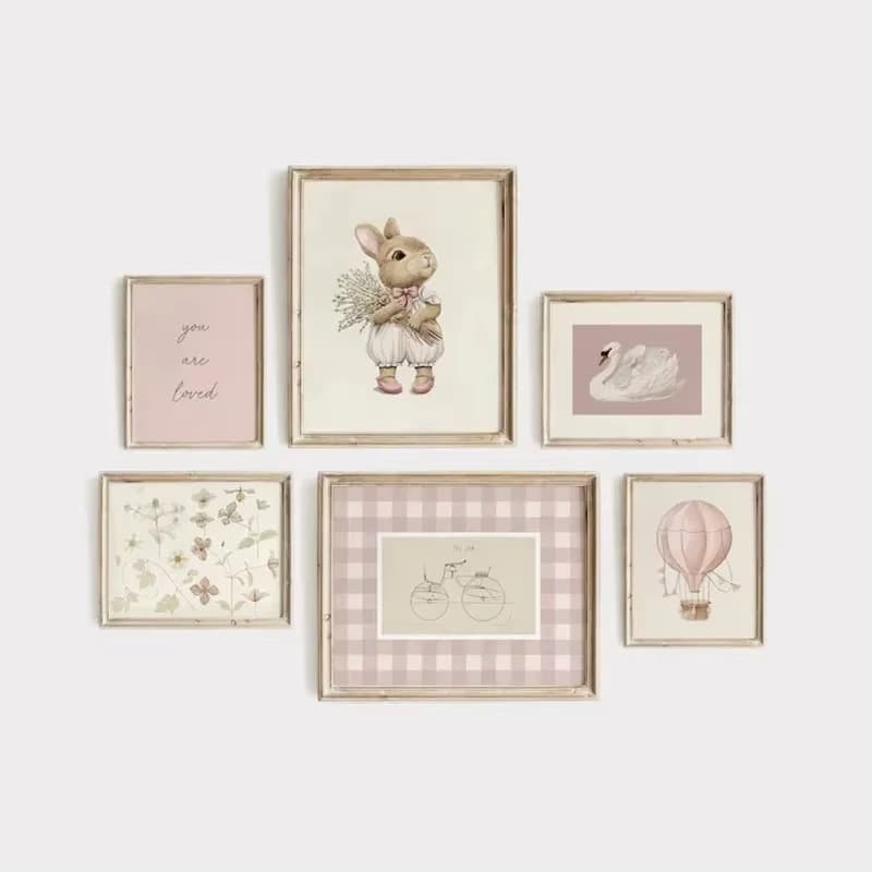 Pink Cartoon Rabbit Floral Swan Canvas Decorative Poster for Kids Girls Bedroom Unframed
