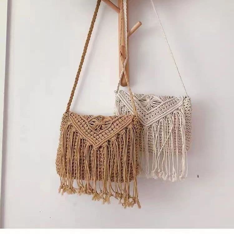 Ethnic Style Retro Bohemian Tassel Cotton Rope Woven Bag Women's Seaside Holiday Travel Beach Bag Crossbody Bag