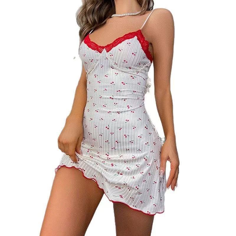 New Heart Print Fitted Slip Dress Sexy Nightgown for Women, New Lace V-Neck Loungewear