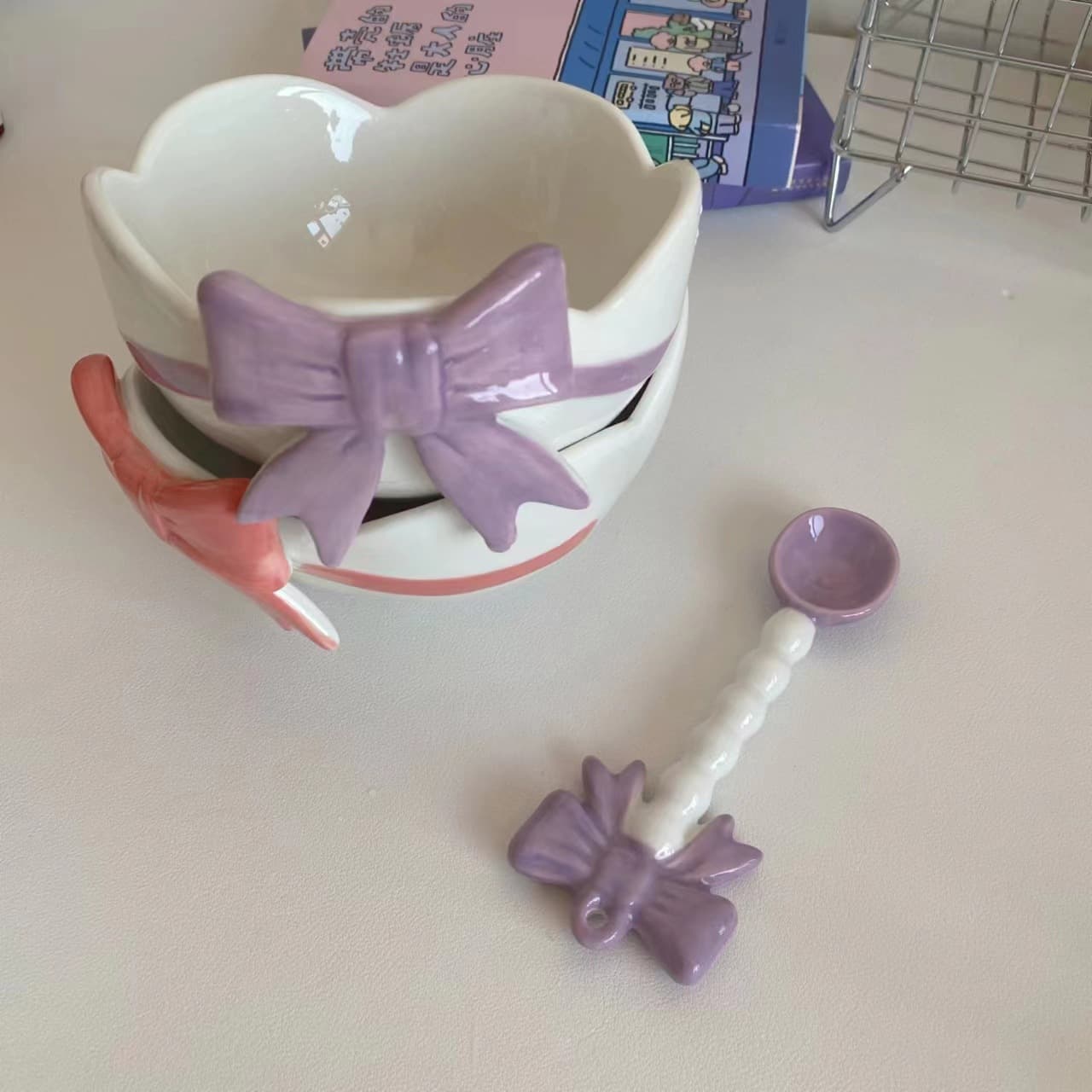 Ceramic Instagram-style cute girl bow tableware, dessert bowls, rice bowls, household gifts, student and children's gifts