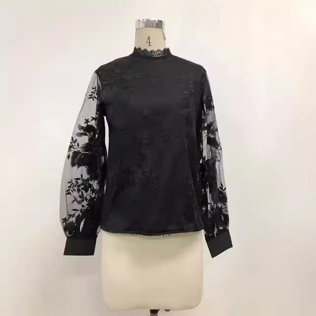 2022 New European and American Foreign Trade Women's Clothing Amazon Lace Puff Sleeve Transparent Round Neck Solid Color Top Shirt Ready in Stock