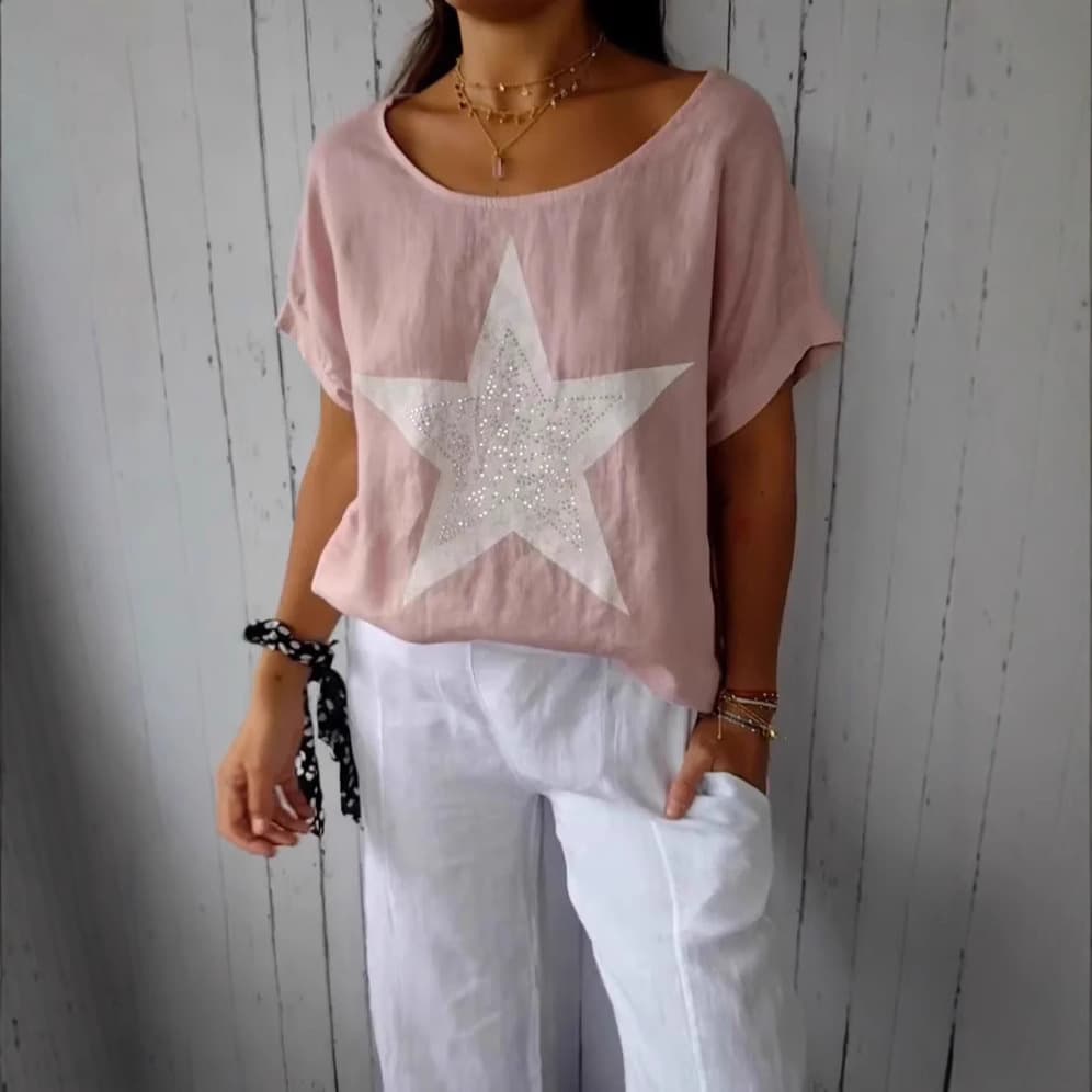 2026 European and American Cross-Border Amazon Independent Site Summer New Loose T-Shirt Women's Round Neck Cotton and Linen Rhinestone Top