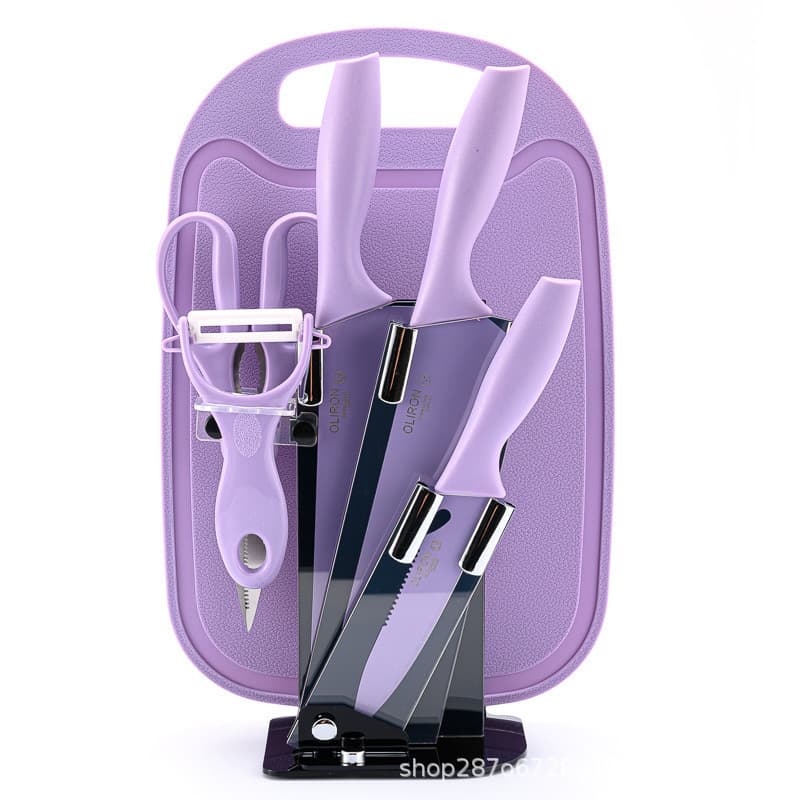 Straw Fiber Knife Set 7-Piece Acrylic Block Stainless Steel Color Scissors Baby Food Knife with Cutting Board