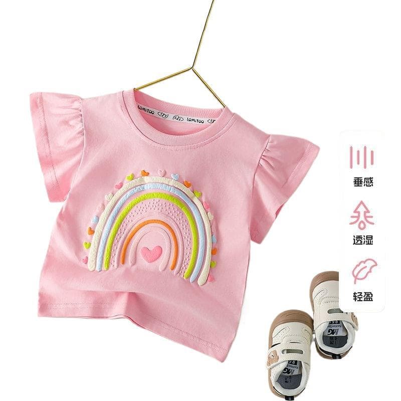 Girls Summer Short Sleeve T-Shirt 100% Cotton 3D Pattern for Toddlers Kids White Pink Other