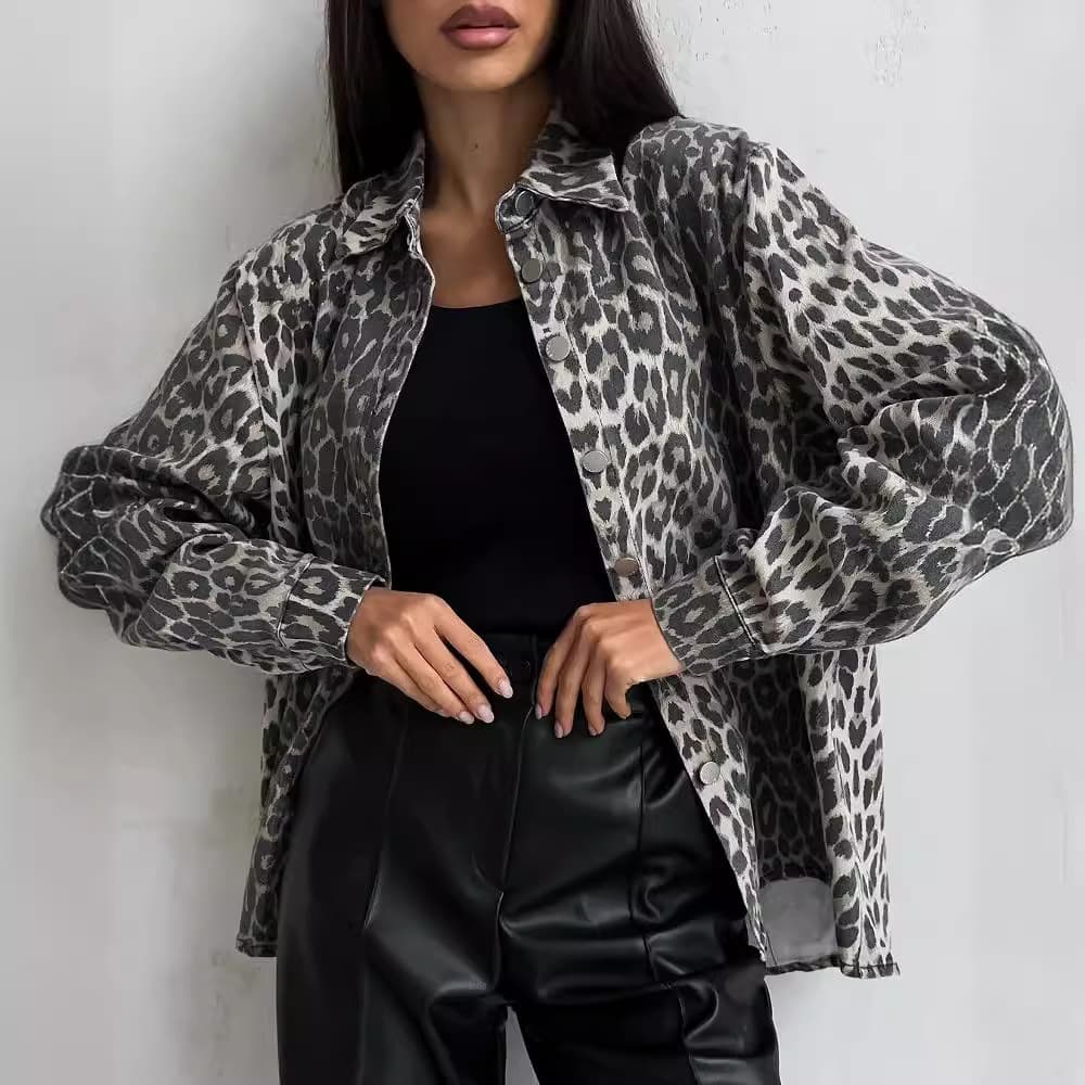 2024 New American Retro Leopard Print Denim Jacket with Notched Collar, Spring Fashion Loose Fit Versatile Short Jacket
